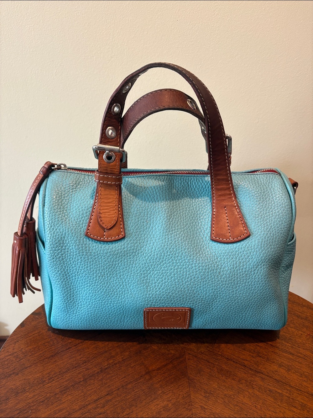 Dooney & Bourke duffel bag  Satchel  Hebble Leather turquoise/brown trim   EUC
